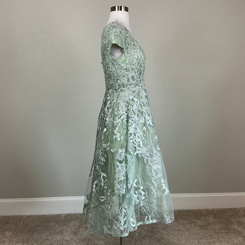 Mac Duggal 20978 Sage Green Cocktail Dress Beaded Lace Fit & Flare Midi Size 12 - Picture 4 of 10
